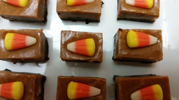 Halloween fudge--pumpkin and chocolate with candy corn topping!